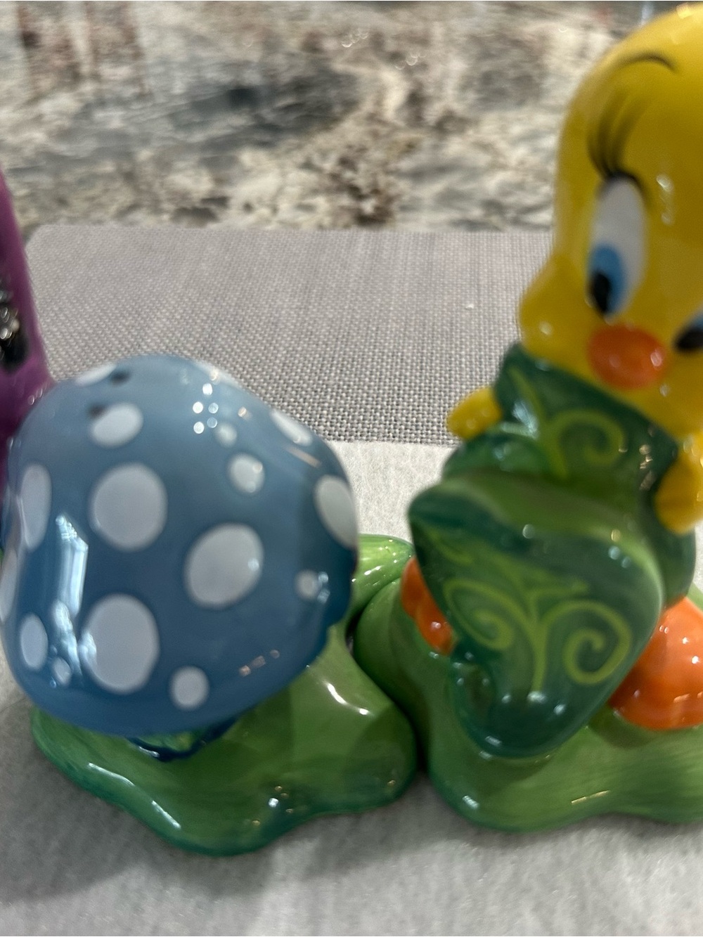 Warner Bros. Yellow Tweety salt and pepper shaker with Blue Polka Dot Mushroom